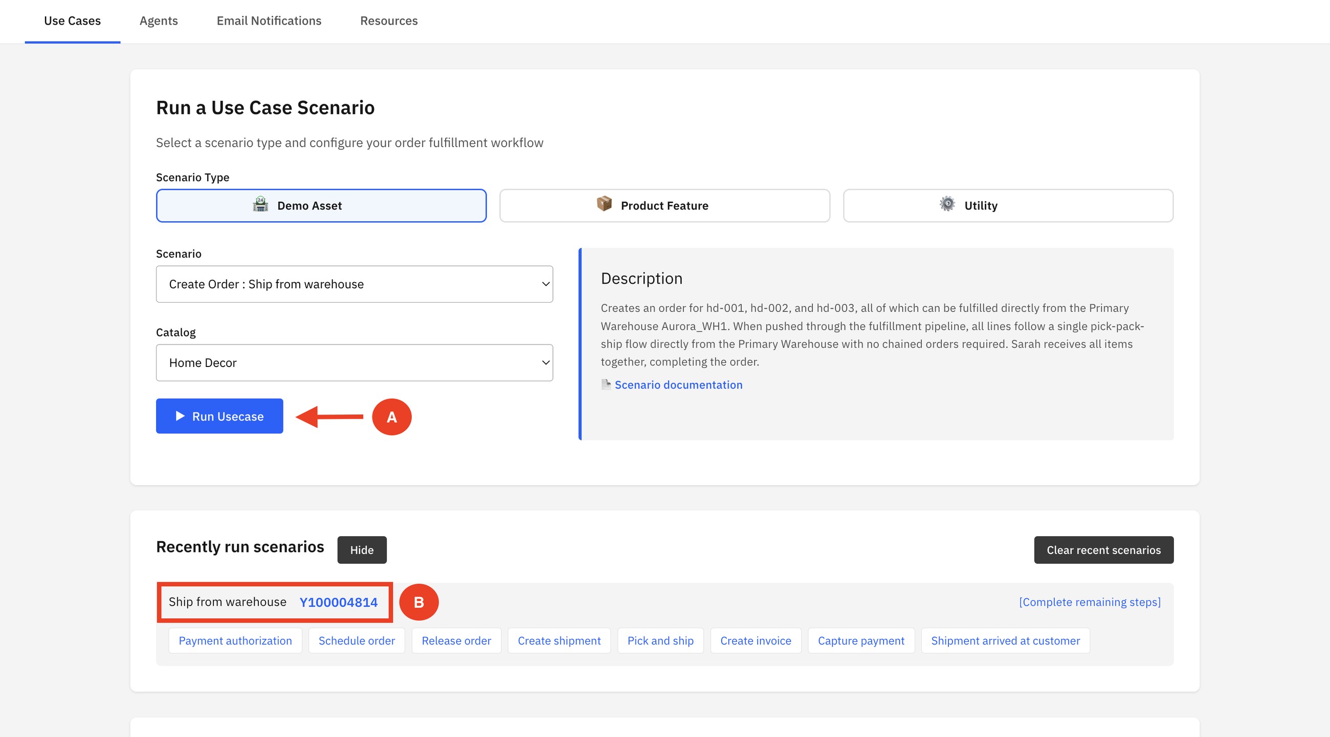 The Demo page in Order Hub: pick a scenario and a catalog, run it, then walk the order through each stage with the buttons below the order number.