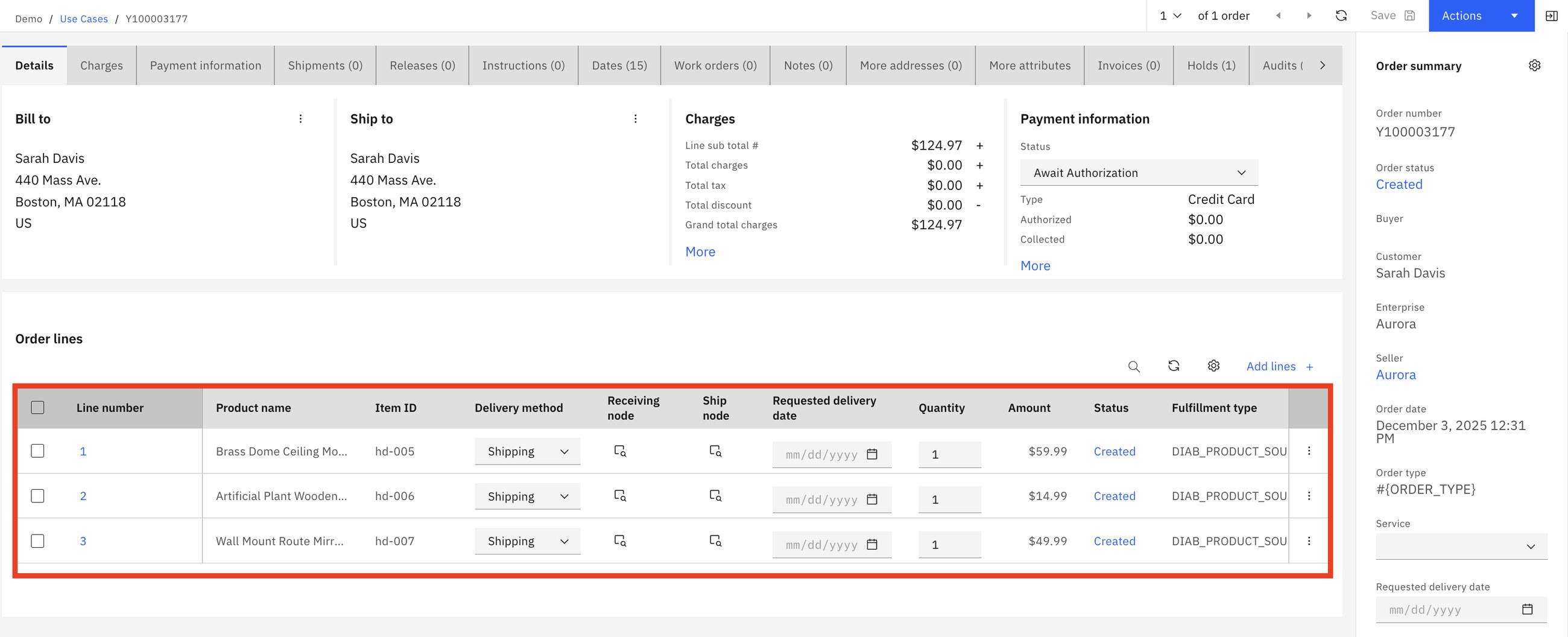 Order Y100003177: three lines, delivery method Shipping, status Created, payment awaiting authorization. Total $124.97.