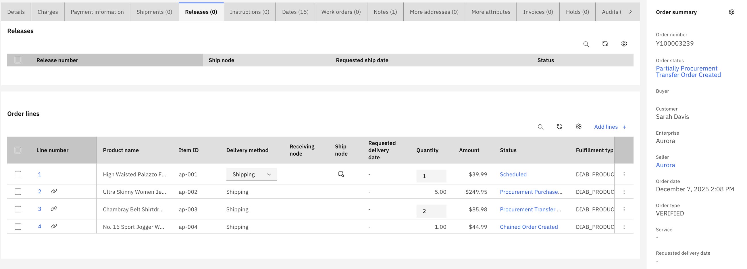 One click on Schedule: line 1 Scheduled, line 2 Procurement Purchase Order Created, line 3 Procurement Transfer Order Created, line 4 Chained Order Created.