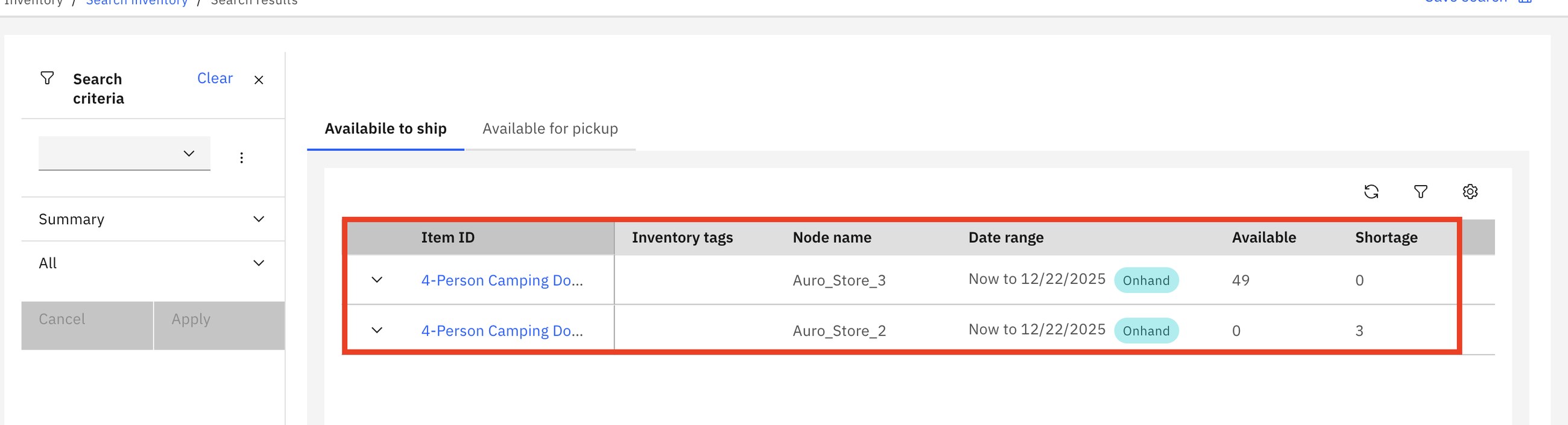 Inventory search for the tent: 49 available at Auro_Store_3, none at Auro_Store_2 (a shortage of 3).