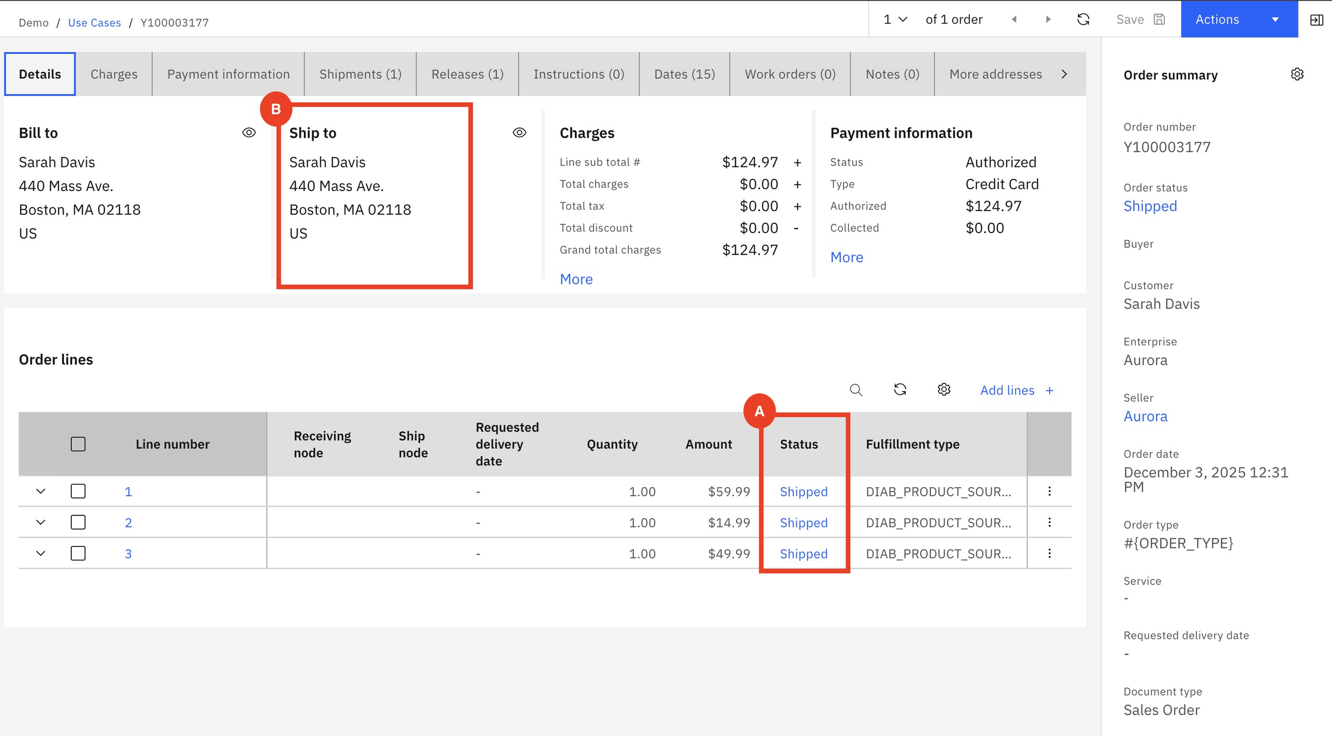 The same order, a few clicks later: all three lines Shipped, payment Authorized.