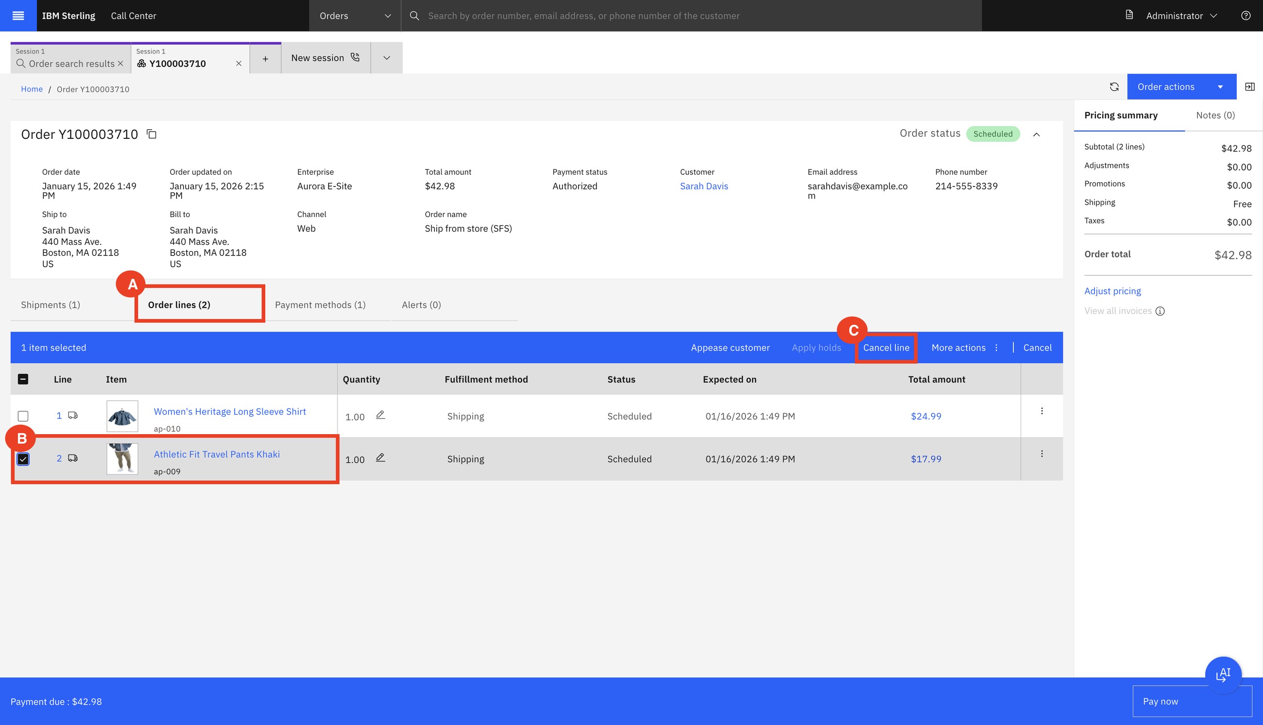 Call Center: order Y100003710, status Scheduled. Anaya selects line 2 and cancels it.