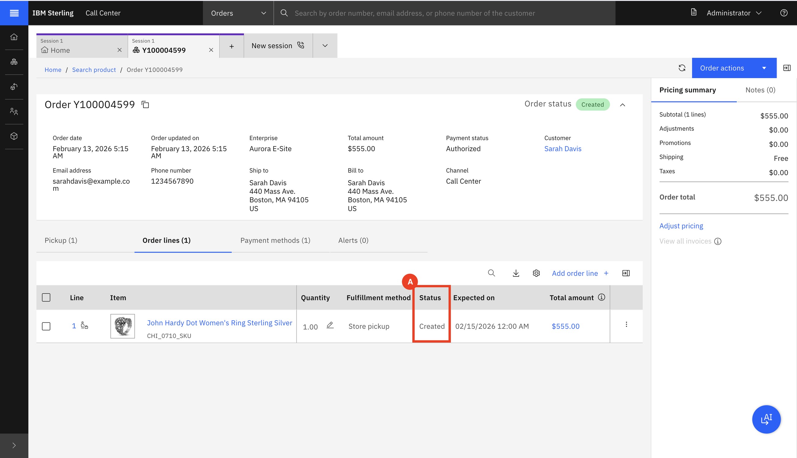 Order Y100004599, channel Call Center, fulfilment method Store pickup, $555.00.