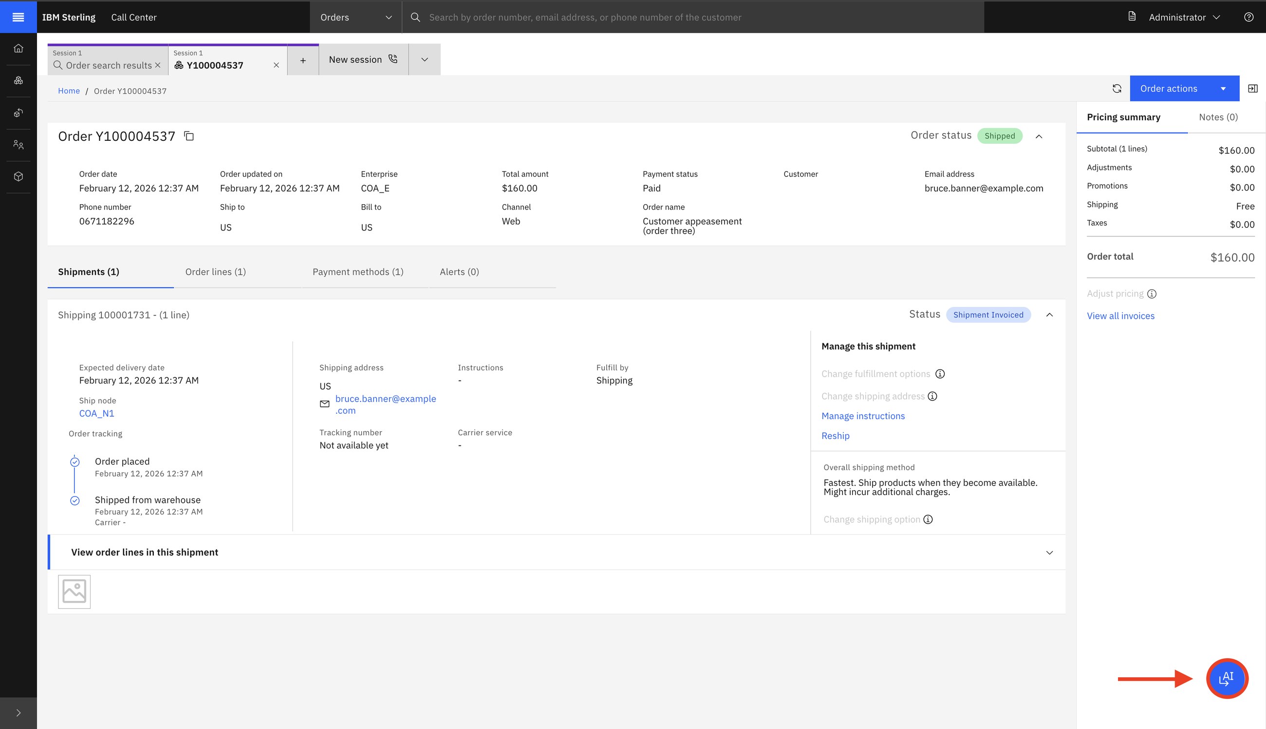 A shipped order in Call Center. The assistant opens from the button at the bottom right.