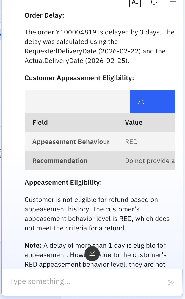 Red: delayed by 3 days, but the recommendation is no appeasement because of the customer's history.