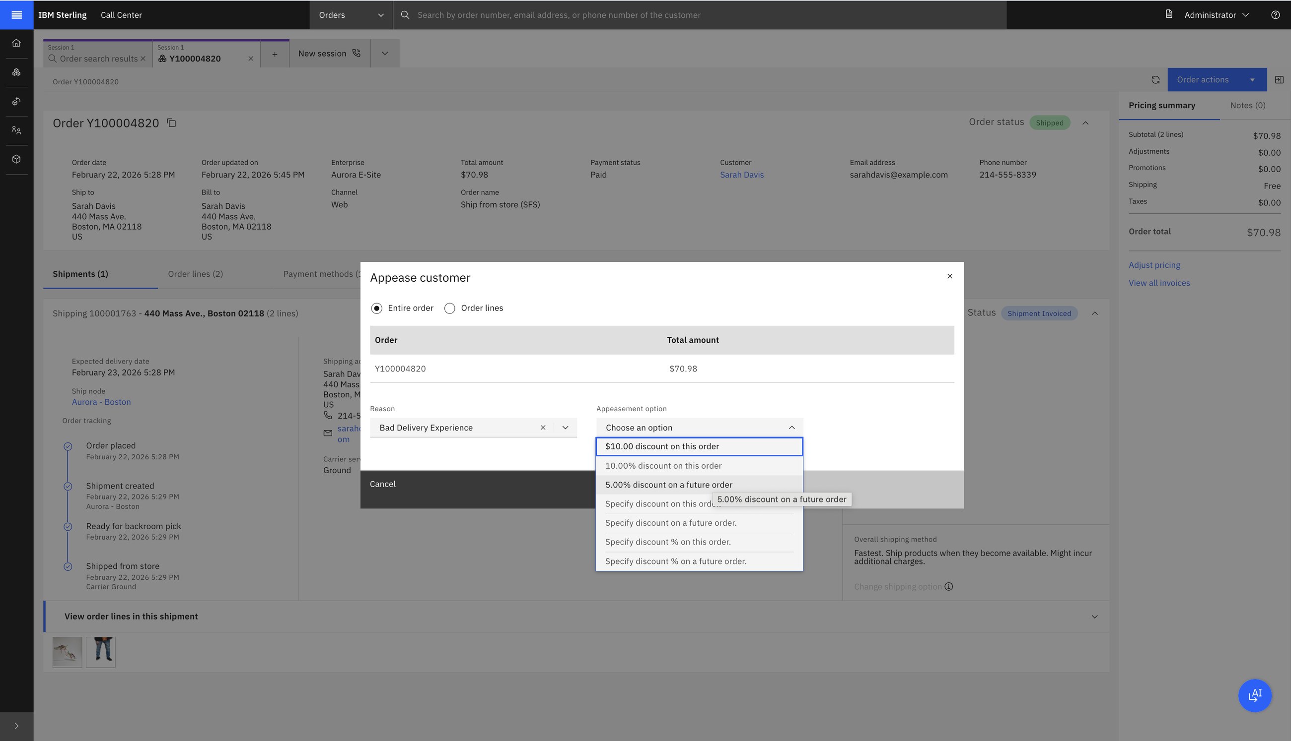 Appease customer: reason 'Bad Delivery Experience', then a list of offers the business has defined (amount or percentage, on this order or a future one).