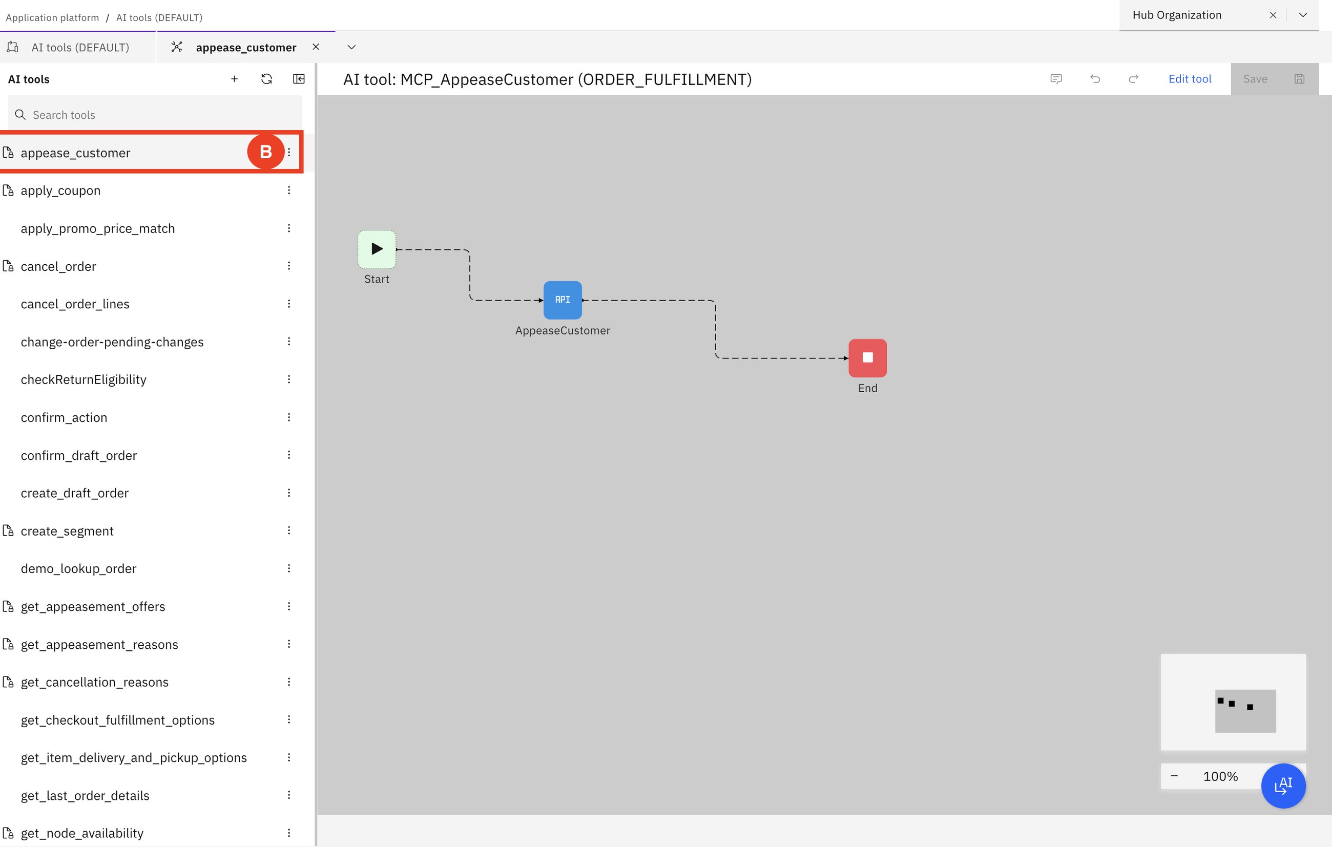 AI tools in Order Hub: the list of tools and the workflow behind 'appease_customer'.