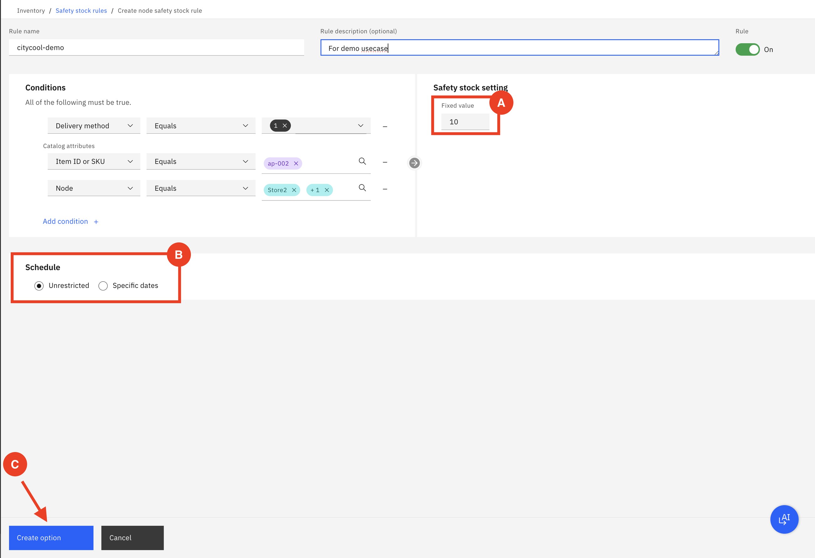 The rule: delivery method, item ap-002 and two stores as conditions; fixed value 10; no end date.