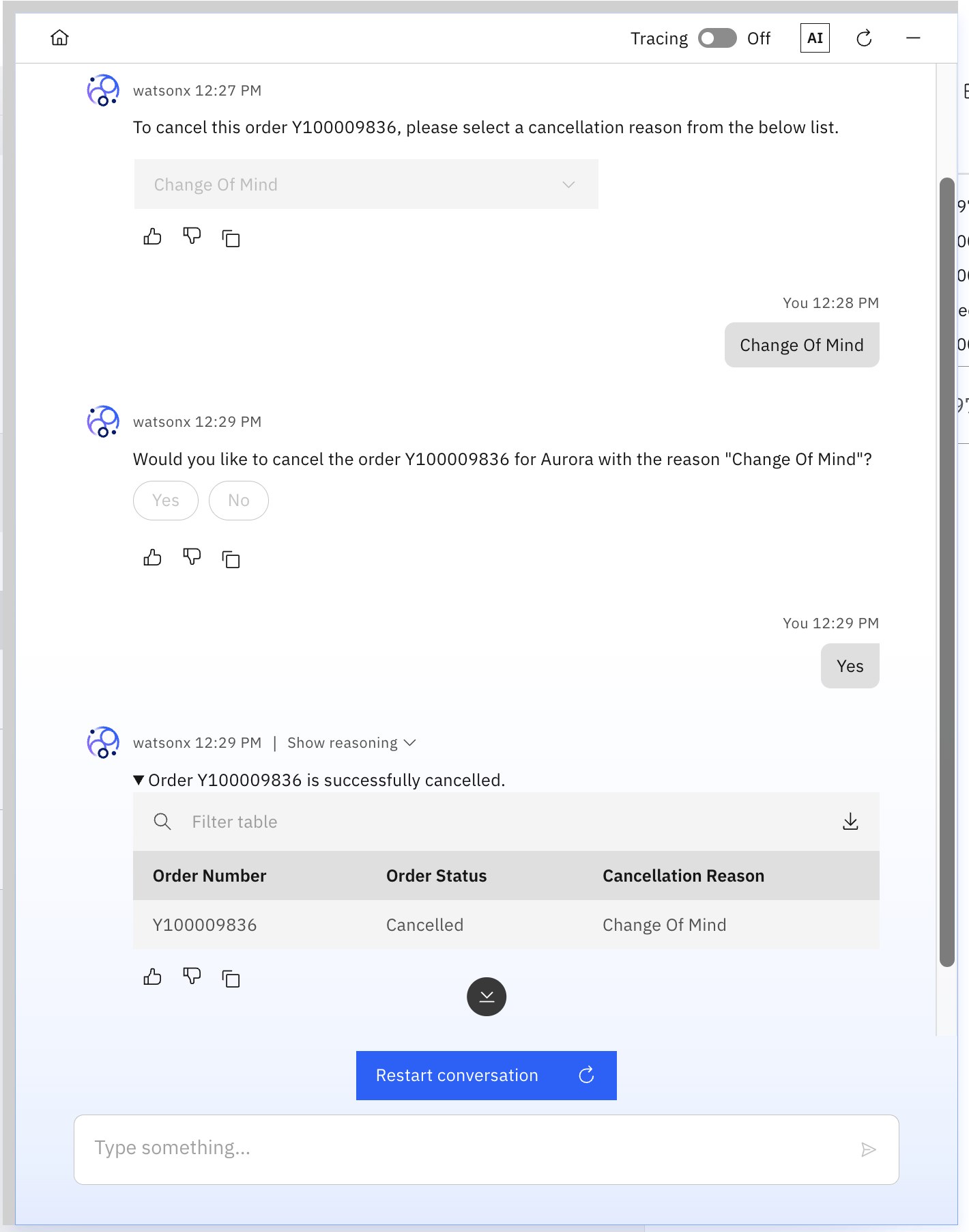 It asks for confirmation, cancels, and shows the result: order Cancelled, reason Change Of Mind.