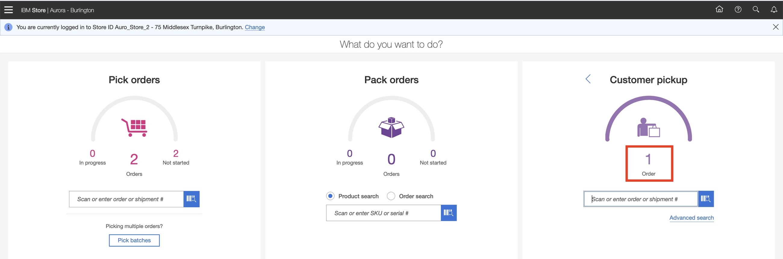 The order moved from 'pick' to 'customer pickup': one order waiting at the counter.