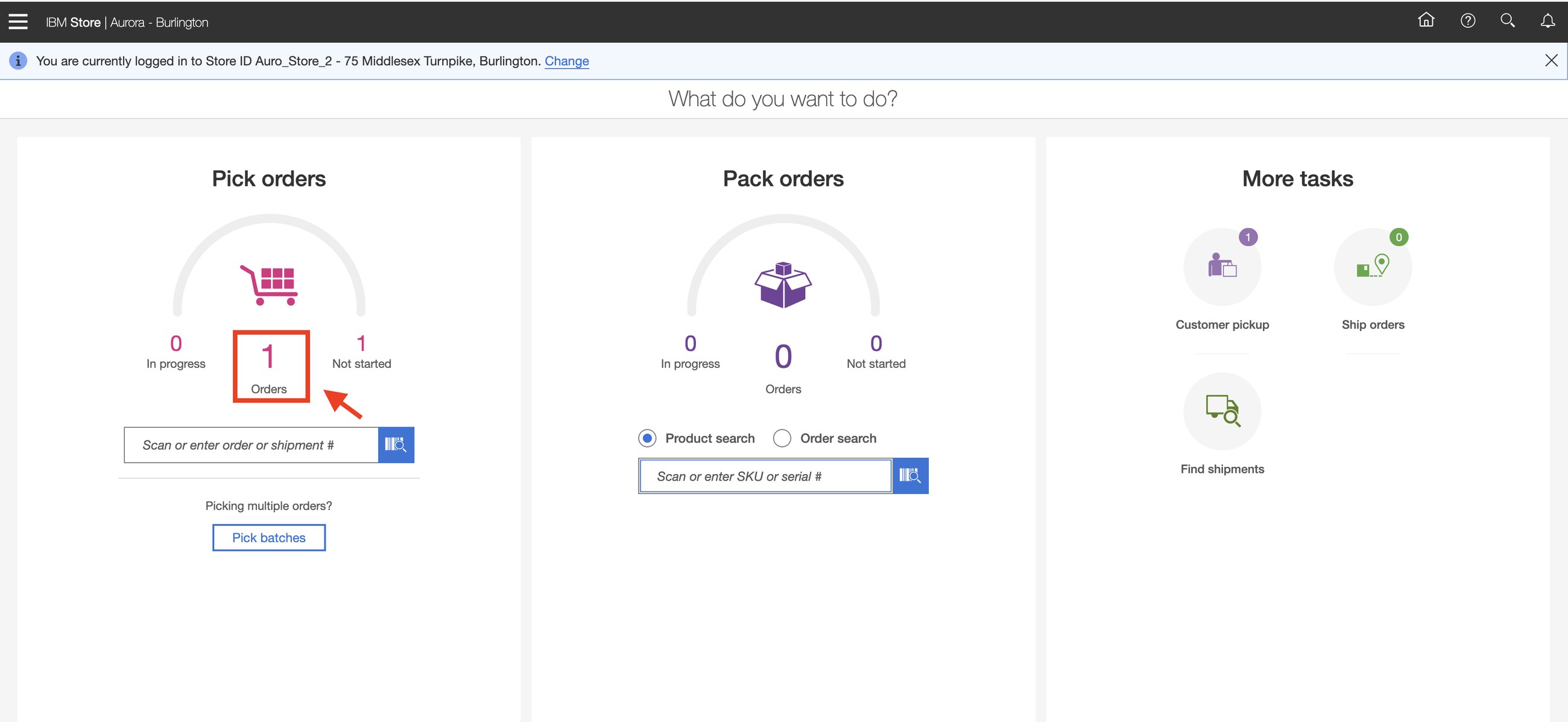The store's home screen: one order to pick for shipping.