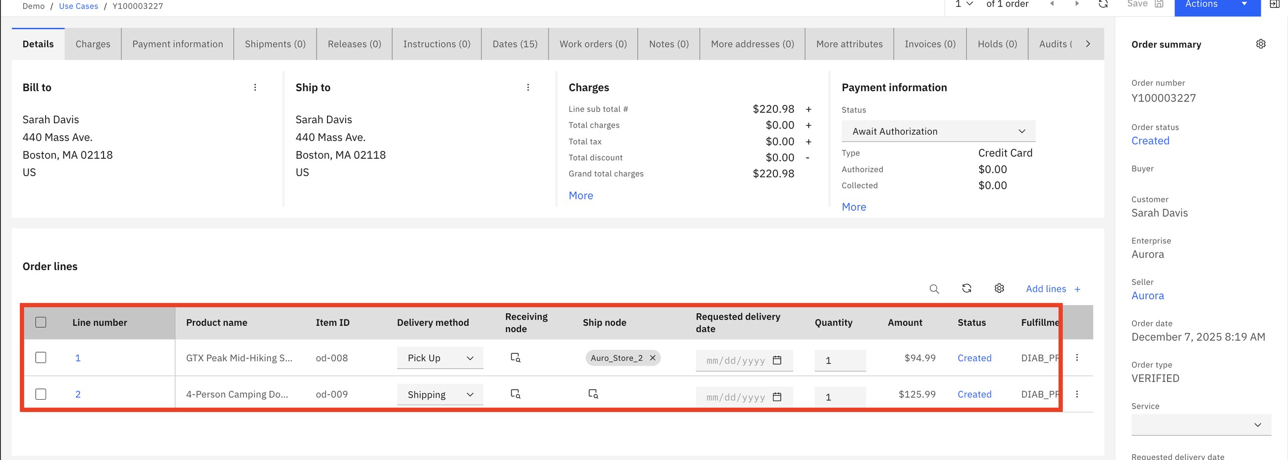 Order Y100003227: line 1 Pick Up at Auro_Store_2, line 2 Shipping. Total $220.98.