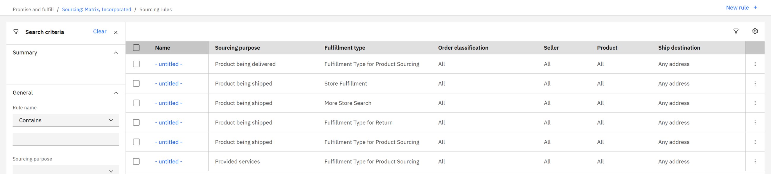 Sourcing rules: a different rule per situation (delivered, shipped, services, returns) and fulfilment type.